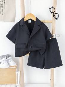 SHEIN Bộ 2 món/Bộ áo sơ mi tay ngắn ve trơn màu cho bé trai và quần short cạp chun - màu đen - Xem 3
