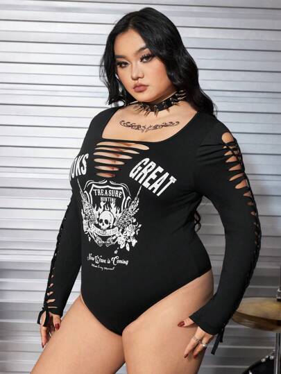 Grunge Punk Plus Size Women Punk Music Festival Skeleton Print Distressed Collar Bodysuit Tight Stretchy