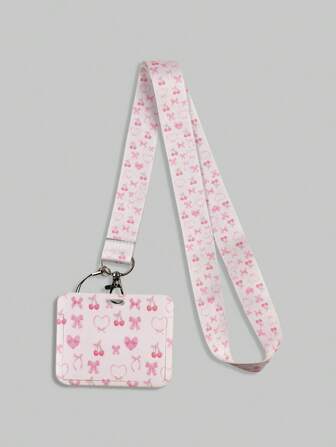 Kawaii 1 pieza Titular de tarjeta y cordón con lazo de color rosa cereza lindo