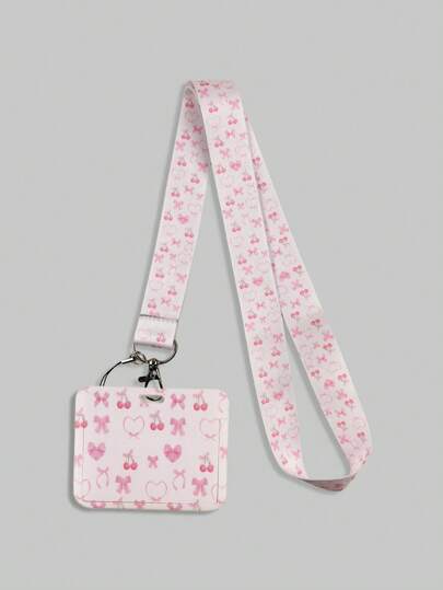 ROMWE Kawaii 1 Piece Cute Cherry Pink Bow Card Holder & Lanyard