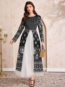 Al Najma 女士花卉印花长袖优雅阿拉伯风格连衣裙