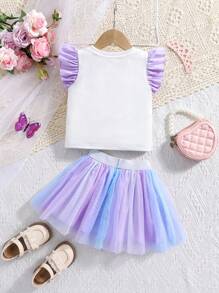 SHEIN 2 stuks Babymeisjes schattige vlinderprint top en rokset, zomer