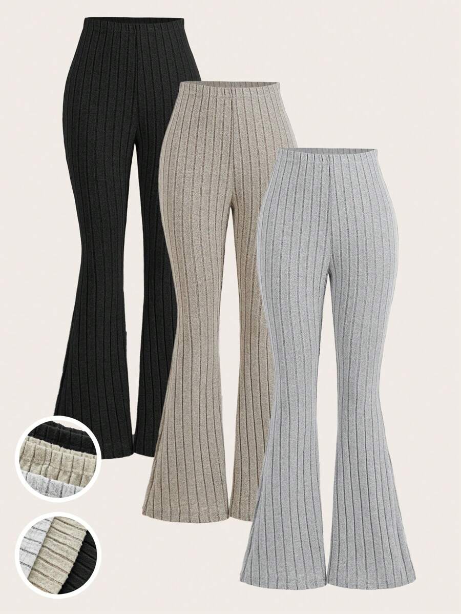 SHEIN Girlism Teen Girl 1 Get 2Free 3pcs/Set ,Solid Color Ribbed Flared Leggings