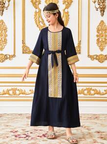 SHEIN Tween Girls' Loose Pattern Drawstring Decor 3/4 Sleeve Casual A-Line Dress