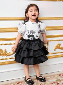 SHEIN Baby Girl Elegant Collared Puff Sleeve Blouse & Layered Ruffle Hem Skirt Set - Black - View 7