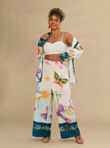 Travachic Plus Size 2pcs/Set Women Vacation Printed Long Sleeve Shirt & Pants Set,Women Two Pieces Sets,Women Fall Sets,Women Clothing Sets