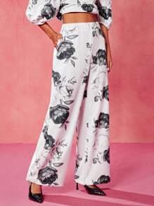 Oxana Designer Women's Black And White Silhouette Floral Print Elastic Waistband Comfortable Wide Leg Casual Pants, Valentine's Day, Festival - Multicolor - View 6