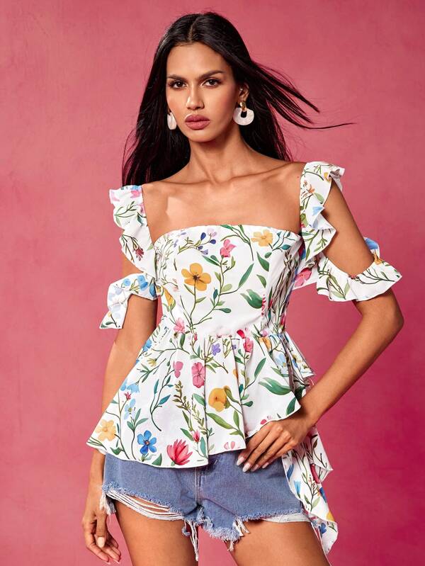VERO DIAZ Designer Boho Bohemian Women's White Floral And Botanical Print Cold Shoulder Ruffle Sleeve Asymmetric Hem Blouse, Vacation, Spring & Summer, Festival, Tropical, Summer, Beach, For Women, Concert, Elegant, Cute, Ibiza Fits