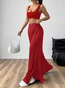 SHEIN EZwear Music Festival Flowy Slit Wide Leg Pants & Seamless Scoop Neck Cami Top - Red - View 4