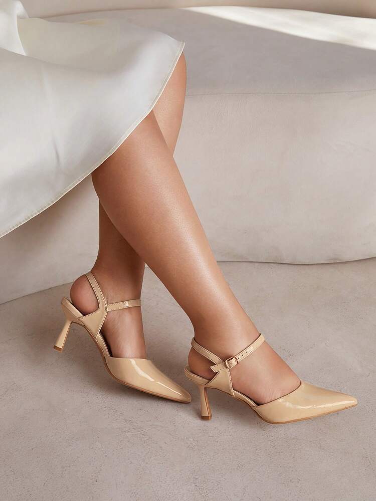 CUCCOO CURVES Women Shoes Spring & Summer Minimalist Solid Color Pointed Toe Slim Heel Commuting Dress Sandals, Faux Patent Leather Plus Size Comfortable Casual Party Date Tea Dress Shoes Spring Shoes Spring Break Easter