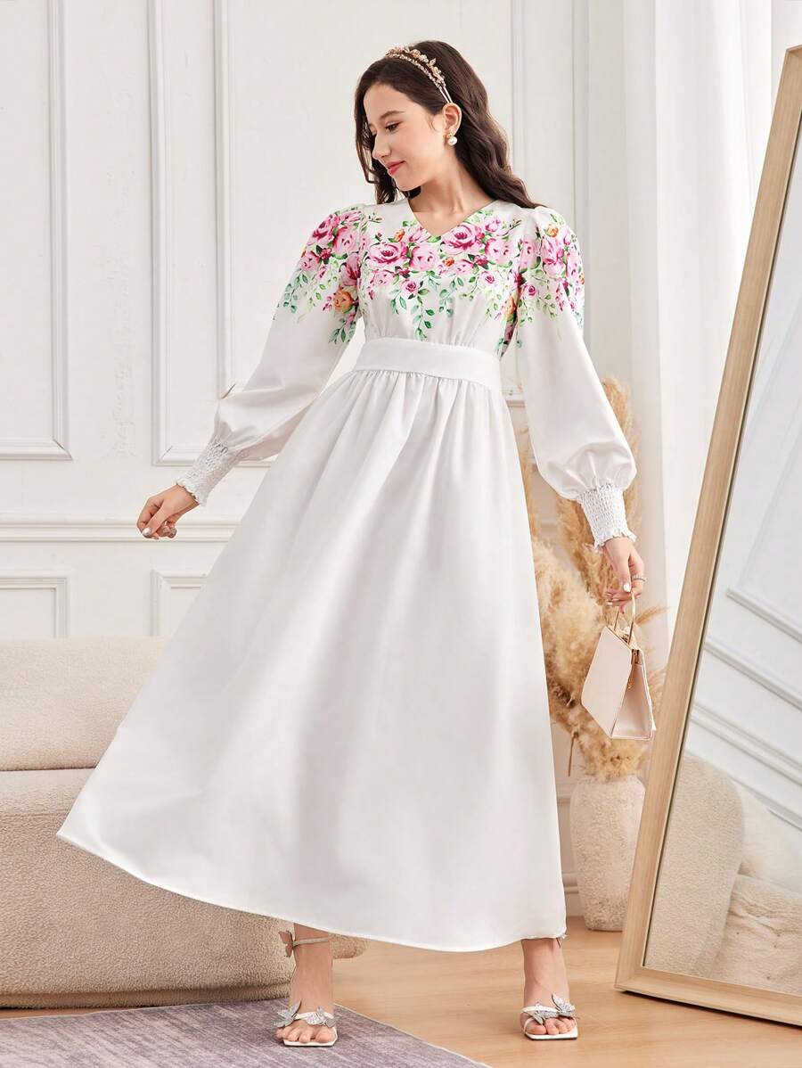 SHEIN 少女编织花卉褶皱泡泡袖收腰连衣裙 - 白色 - 查看 1