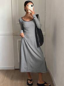 DAZY Women's Crew Neck Long Sleeve Casual Striped Dress, Minimalist Design For Everyday Wear, Fall Clothes Dress - Grey - View 1