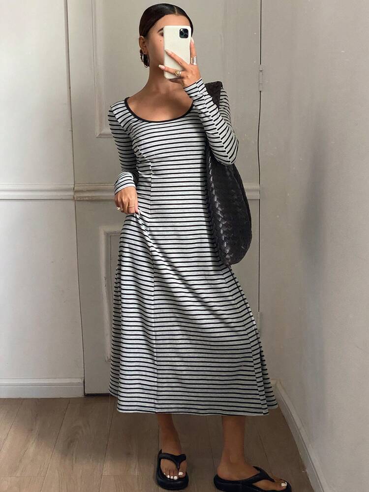 Women's Crew Neck Long Sleeve Casual Striped Dress, Minimalist Design For Everyday Wear, Fall Clothes Dress