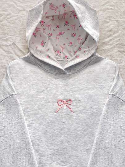 Elamini Cute And Casual Hoodie With Bowknot Embroidery And Ditsy Floral Elements, Oversized Fit. Easy To Style. Graduation,Back To School,Graduation,Teacher For Women,Back To School Pullover Fall Sweatshirt