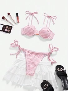 SHEIN Swim Summer Women's Cute Sweet Plaid Texture Pink Bikini Set - Baby Pink - View 6