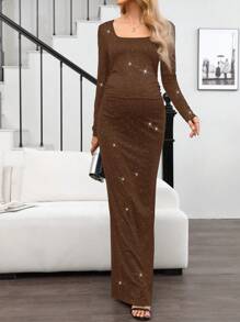SHEIN Maternity Elegant Luxury Comfortable Square Neck Long Sleeve Dress For Dates, Gatherings, Birthdays, Parties, Baby Shower