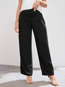 SHEIN Maternity Solid Color High Waist Adjustable Simple Casual Pants, Everyday Wear - Black - View 4