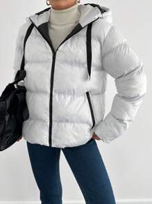 RueChic Veste d'hiver à capuche décontractée pour femmes avec fermeture éclair frontale et couleur unie - Blanc - Voir 5