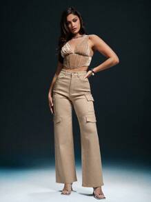 Denimoi Jeans rectos de mujer con bolsillo con solapa de rhinestones para primavera/verano, jeans cargo, para salir, fiestas, conciertos country, festivales rave, ropa de club - Albaricoque - Ver 2
