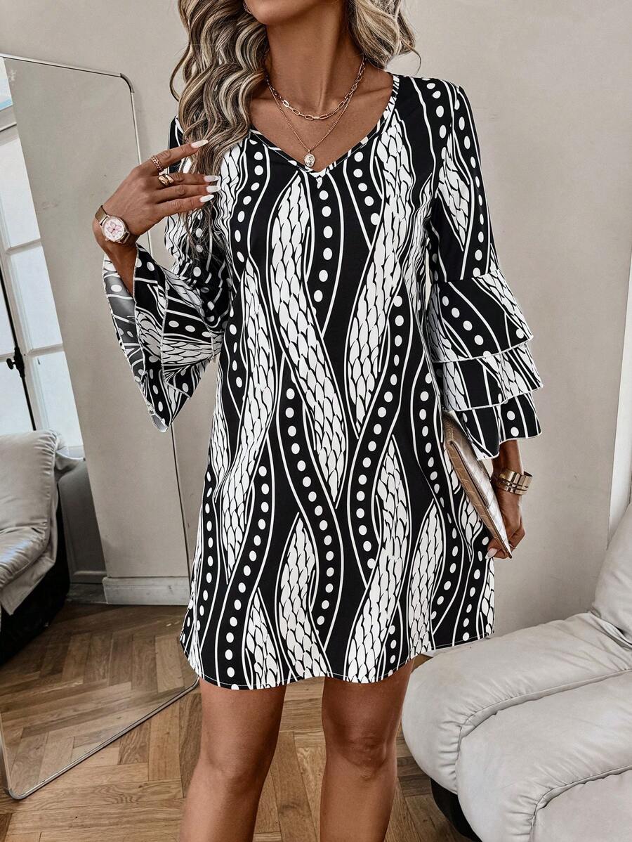 SHEIN Clasi Women Casual Floral Print Ruffle Sleeve Dress - Black and White - View 1