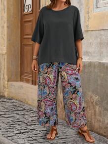 EMERY ROSE Plus Size Women Summer 2pcs Set: Shirt & Pants,Holiday Outfits Boho - Dark Grey - View 6