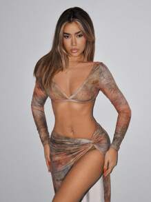 SHEIN ICON Y2k Spring Holiday Vacation Going Out Long Sleeve Vintage Printed Cropped T-Shirt And Low Waist Split Hem Long Skirt Set