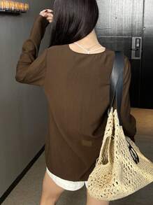 DAZY Women's Tailored Embroidered Casual & Resort Long Sleeve V-Neck Tie-Front Shirt, Spring/Summer,Fall Clothes Graphic Tee - Brown - View 2