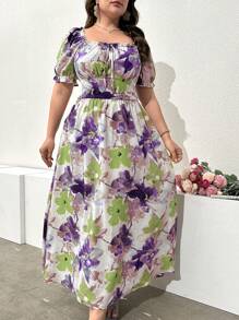 Modelyn Abito lungo a bolle con stampa floreale e maniche corte a palloncino, stile estivo per vacanze, taglia comoda, per donne, maxi