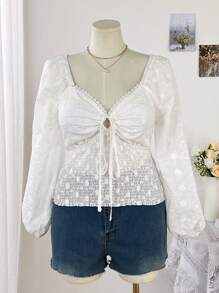 Sunnyshic Plus Size Women Jacquard Tie-Up V-Neck Casual Romantic Long Sleeve Shirt