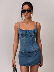 Forever 21 女士休闲优雅度假牛仔吊带背心，春季 - 中等水洗藍 - 查看 5