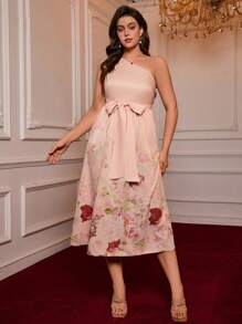 SHEIN VCAY Plus Size Vacation Romantic Sexy Asymmetrical Shoulder Big Bow Vintage Placement Print Long Dress.Valentine, Casual Picnic Party,Monet Garden - Pink - View 6