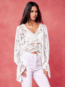 Oxana Blusa holgada de mujer con escote en V de encaje transparente, bajo asimétrico, estilo bohemio, ideal para verano, salidas, festivales, playa, conciertos, vacaciones, uso casual y de oficina, estilo occidental, boho, ropa de calle