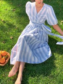 DAZY 女士条纹V领泡泡袖系带中长连衣裙，休闲女装度假装 - 藍色 - 查看 8