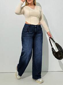 RueChic Plus Mid Waist Belt Detailed Straight Jean - Medium Wash - View 3