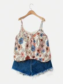 SHEIN VCAY Plus Size Boho V-Neck Lace Patchwork Floral Cami Top, Black Background, Elegant For Vacation, Date, Party, Fashion, For Summer - Apricot - View 4