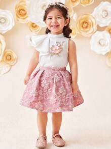 SHEIN 2 件装女婴休闲立领不对称荷叶边下摆无袖上衣和提花裙子套装 - 粉色 - 查看 4