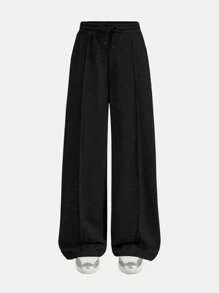 Conjunto de 3 piezas para niña preadolescente: pantalón de chándal ancho de pierna suelta con cordón en unicolor gris y negro, para uso diario y vuelta al colegio