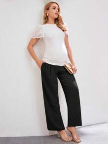 SHEIN Maternity Solid Color High Waist Adjustable Simple Casual Pants, Everyday Wear - Black - View 3