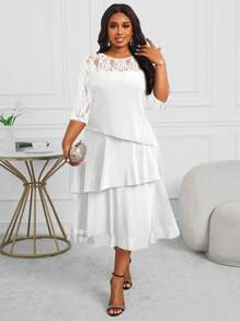 SHEIN Lady Đầm công sở Đầm đi nhà thờ Đầm công sở nữ Đầm midi xếp tầng xẻ tà tay khoét sâu màu xanh lam Đầm giáo viên Đầm giáo viên Đầm mùa thu Đầm ren Đầm bốn mùa thanh lịch cho phụ nữ Đầm ren mùa thu - trắng - Xem 5