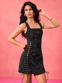 shy_girl Designer Black Jacquard Lace Up Sexy Mini Dress, Festival Outfits For Women Spring Summer, Prom Dress - Black - View 3