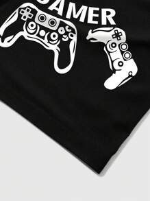 SHEIN Men's Casual Black Gamer Print Colorblock Round Neck Regular Sleeve Pajama Set With Pocket - Black - View 3