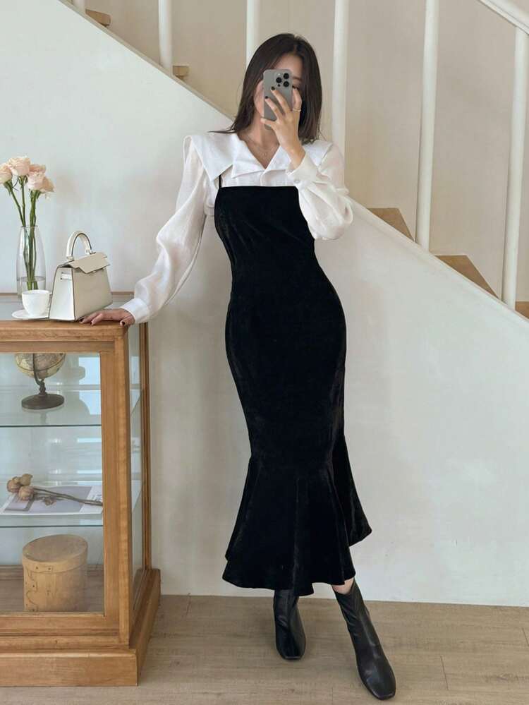 2pcs/Set Women Solid Color Tied Velvet Dress, Black & White, Spring/Summer/Autumn