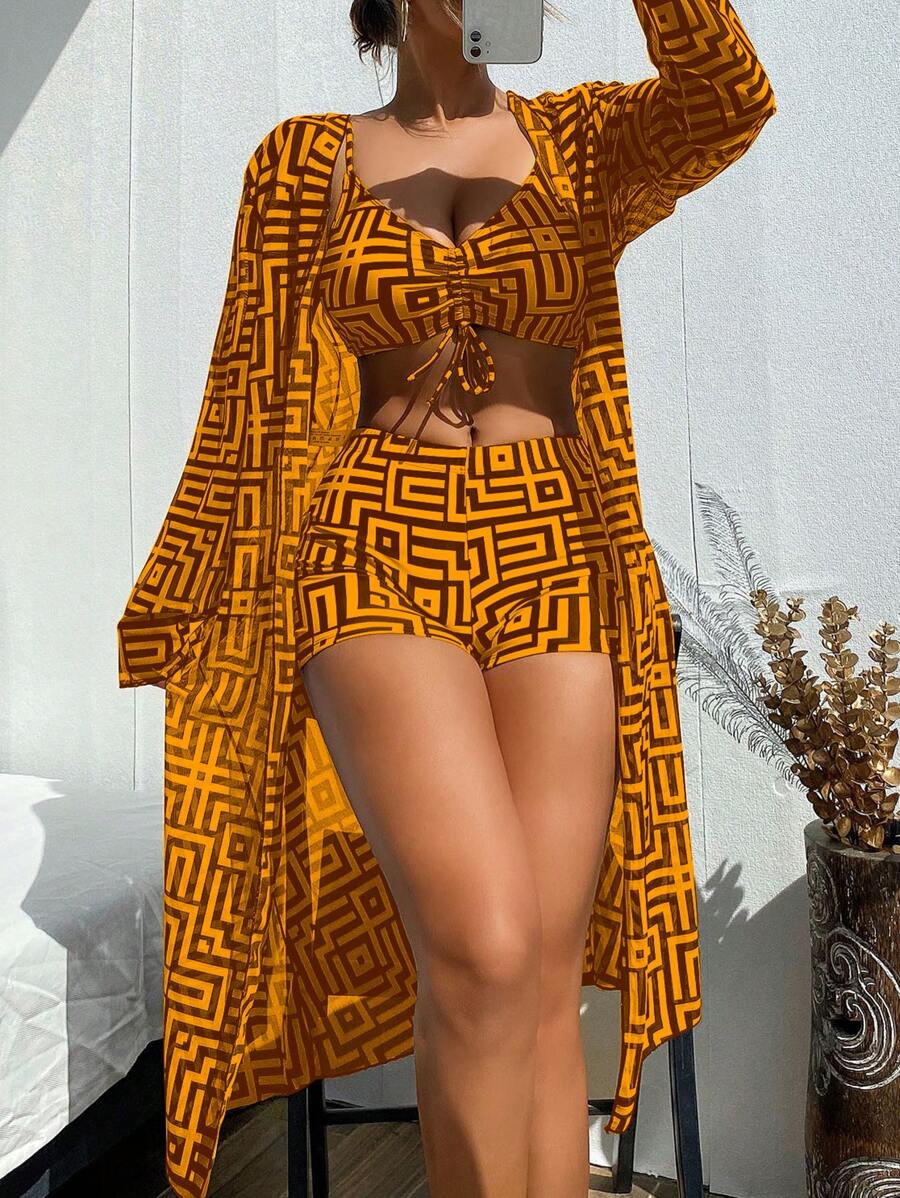 Swim Lushoire 3pcs Women Swimwear Set + Random Print For Summer Beach Vacation - Multicolor - View 1