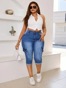 SHEIN SXY Jeggings de mezclilla elásticos y ajustados con bolsillos para mujer de talla grande, tipo capri - Azul - Ver 6