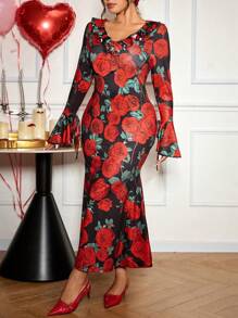 SHEIN Frenchy Plus Size Women's Clothing,Elegant Red Rose Ruffle Detail Long Gown,Black And Red,Autumn,Tea Party, Rose Flower Print Evening Dress For Events - Multicolor - View 6