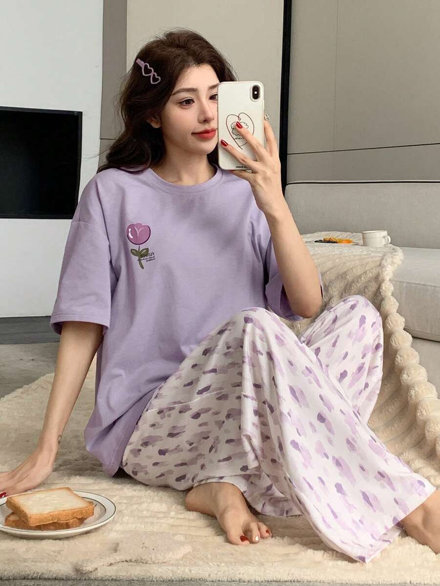 DAZY 2 piezas Conjunto de pijama de mujer con estampado, cómodo y holgado de manga corta
