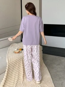DAZY 2 piezas Conjunto de pijama de mujer con estampado, cómodo y holgado de manga corta