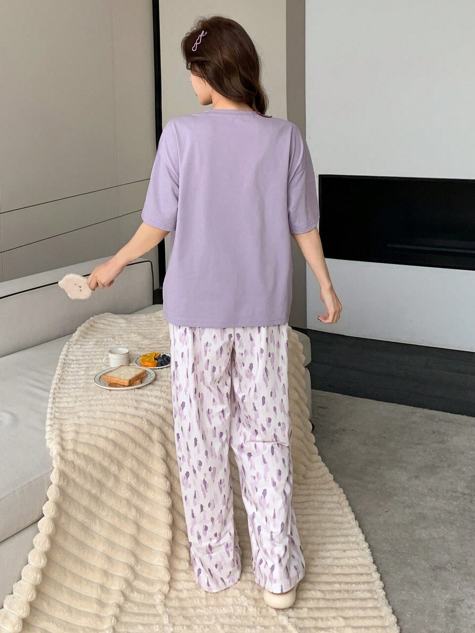 2 Pieces Women's Printed Comfortable Loose Short Sleeve Pajama Set