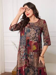 Lacomfia Asymmetrical Hemline Printed Shirt Dress, Round Neck, Spring/Summer - Multicolor - View 9