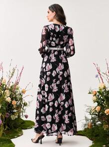 Modelyn 女士纯色拼布圆领长袖休闲连衣裙 - 黑色 - 查看 2